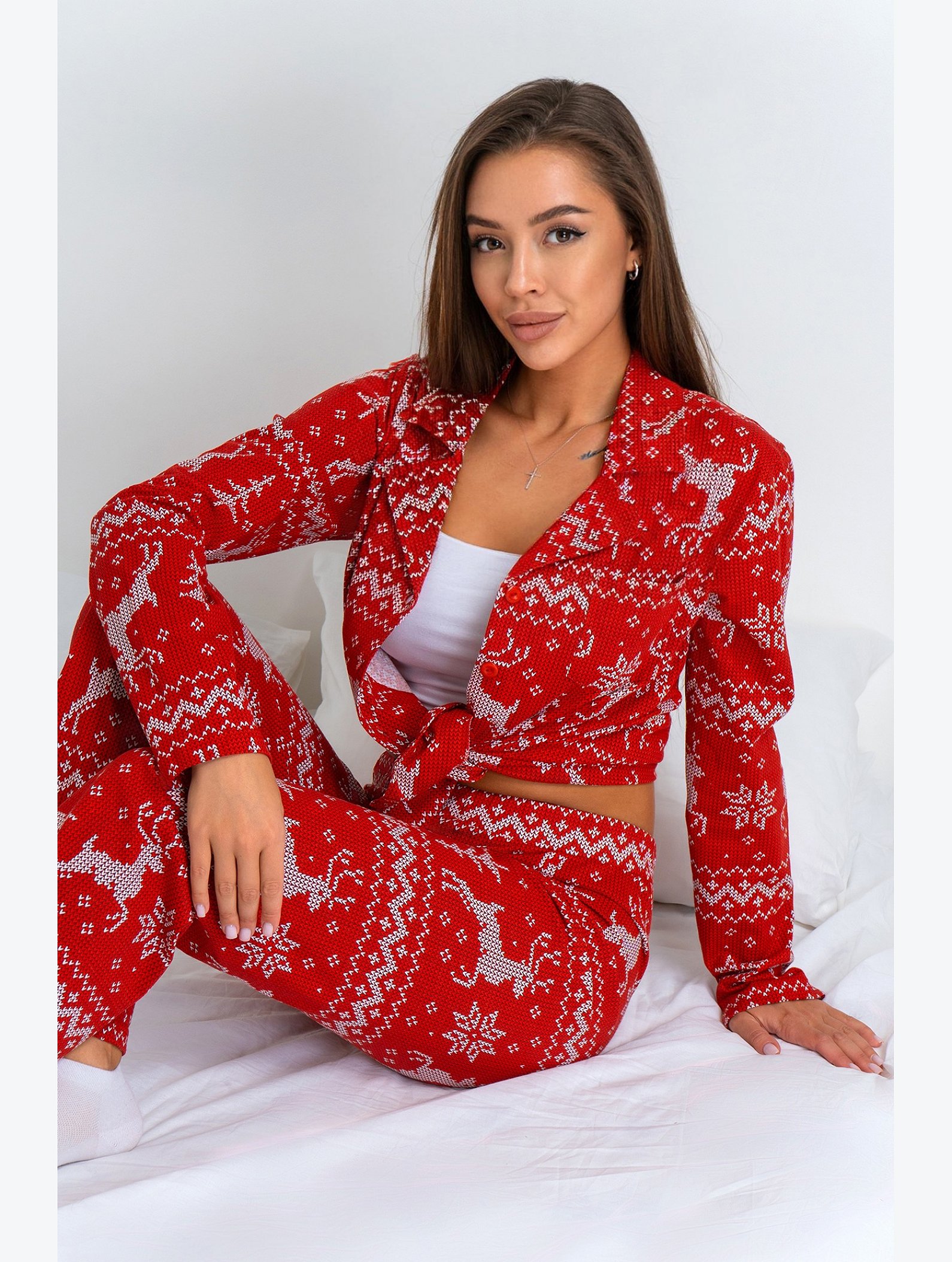 Женская новогодняя пижама с брюками и рубашкой Happyfox