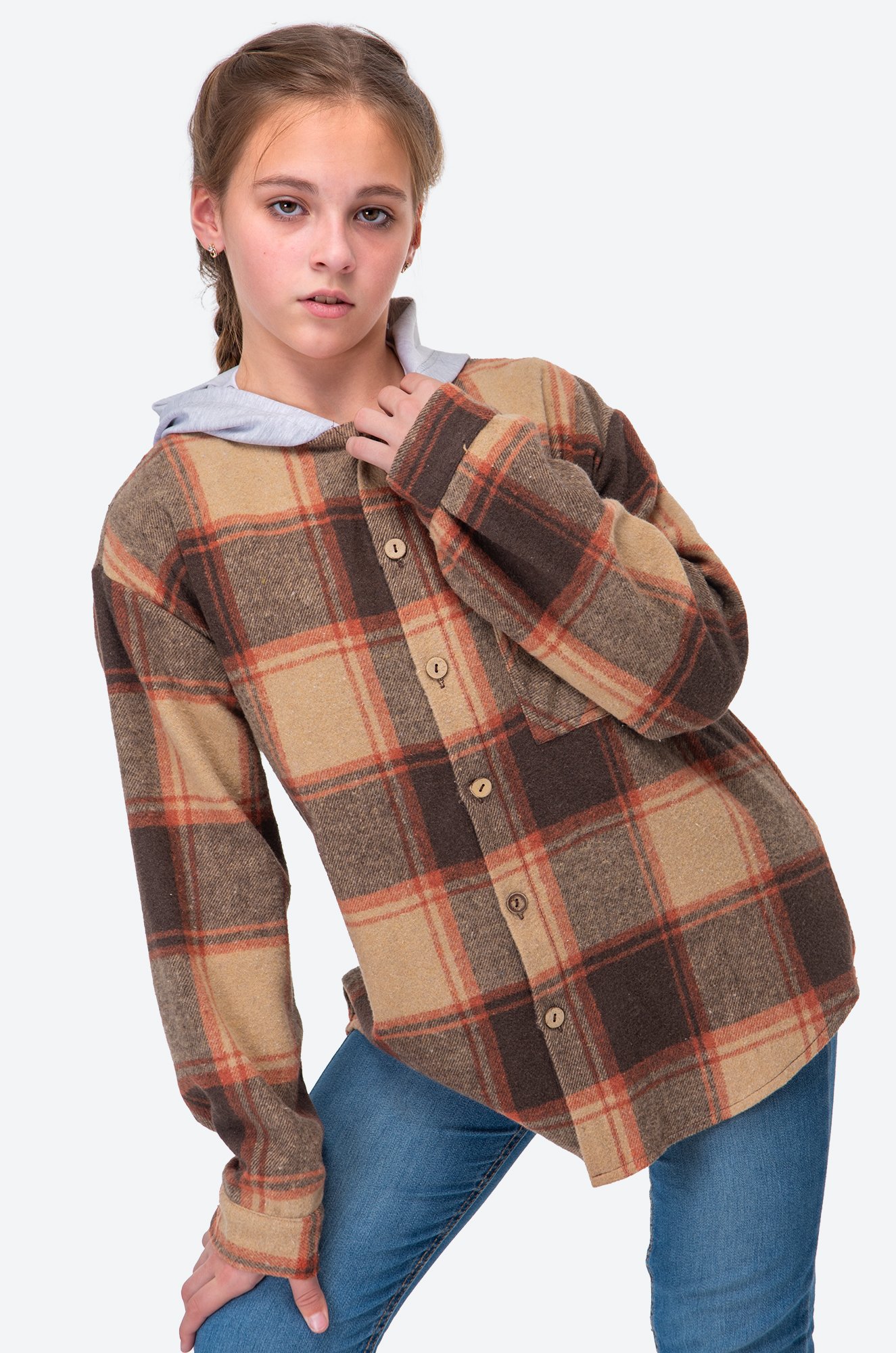 Детская теплая фланелевая рубашка в клетку с капюшоном Happy Fox