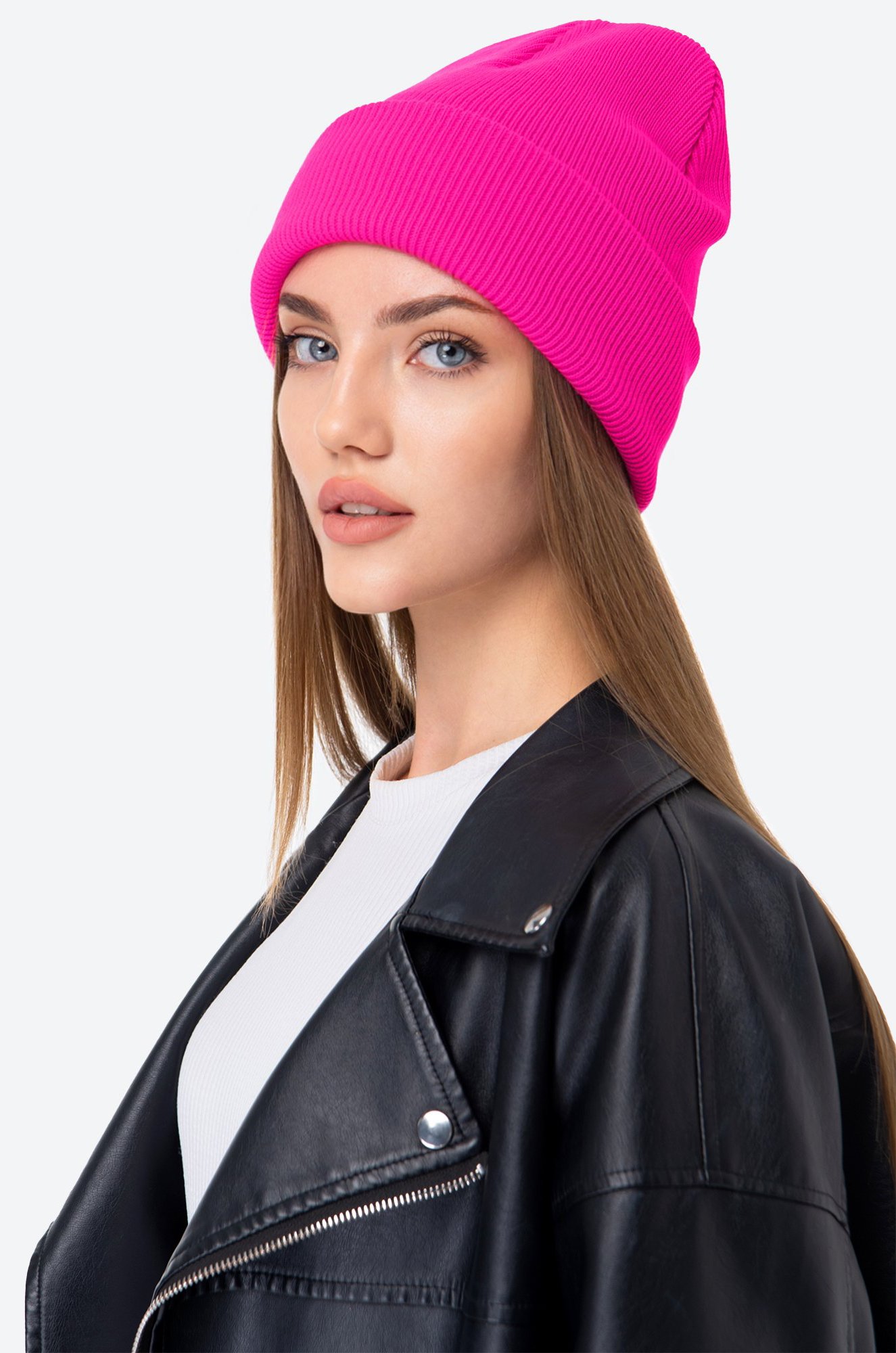 Женская вязаная шапка в рубчик с отворотом Happyfox