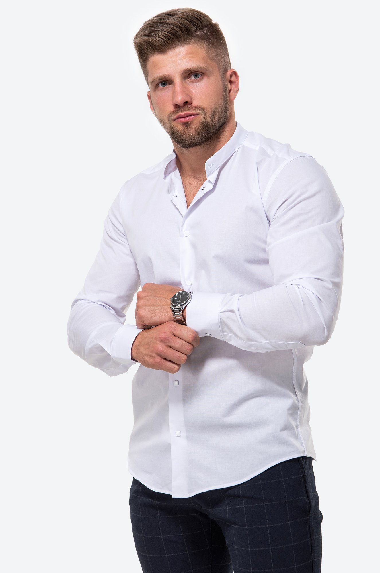 Мужская приталенная рубашка на кнопках с воротником-стойкой с длинным рукавом Happy Fox
