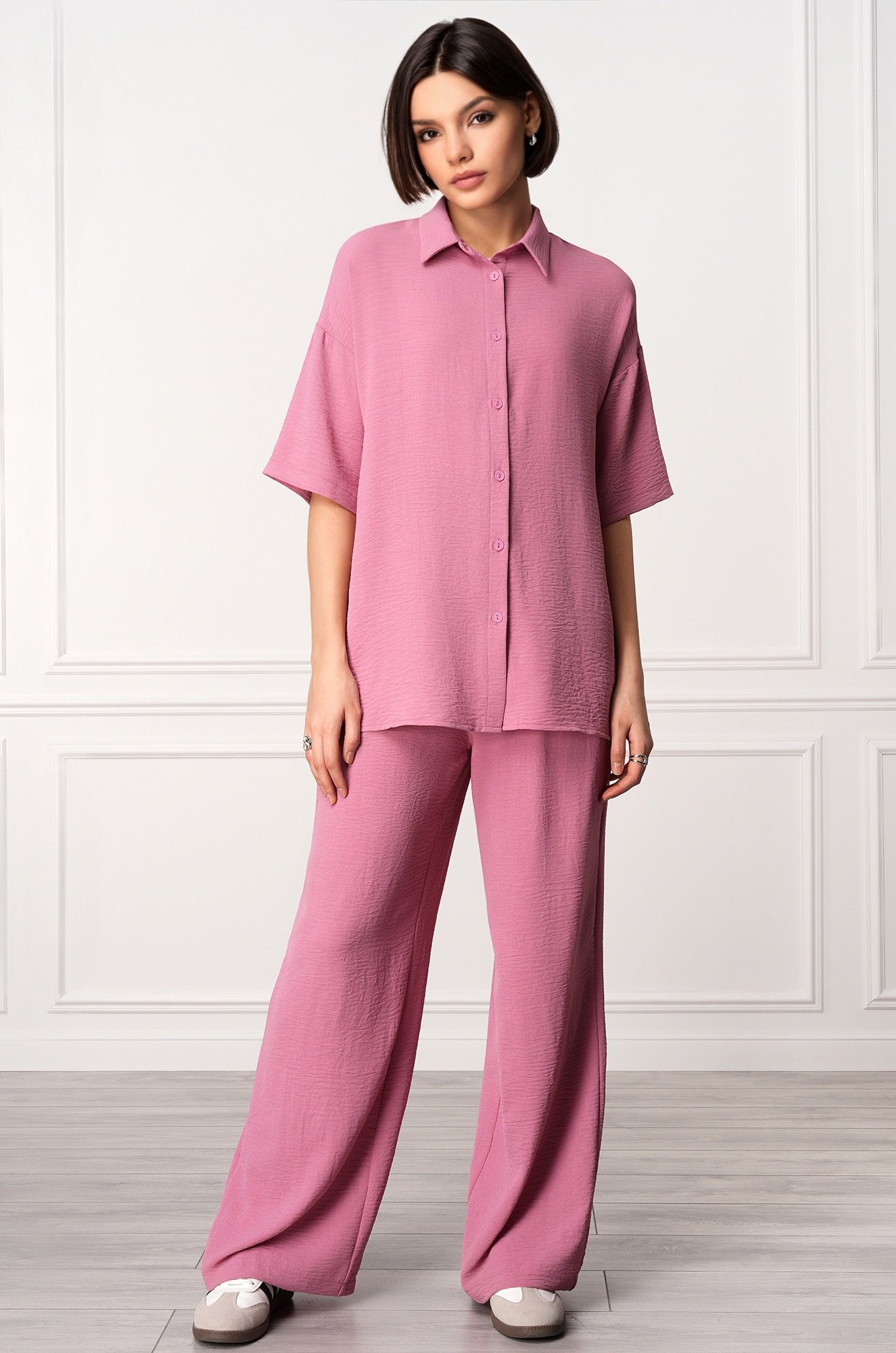 Женский летний костюм оверсайз из ткани-жатка Happyfox