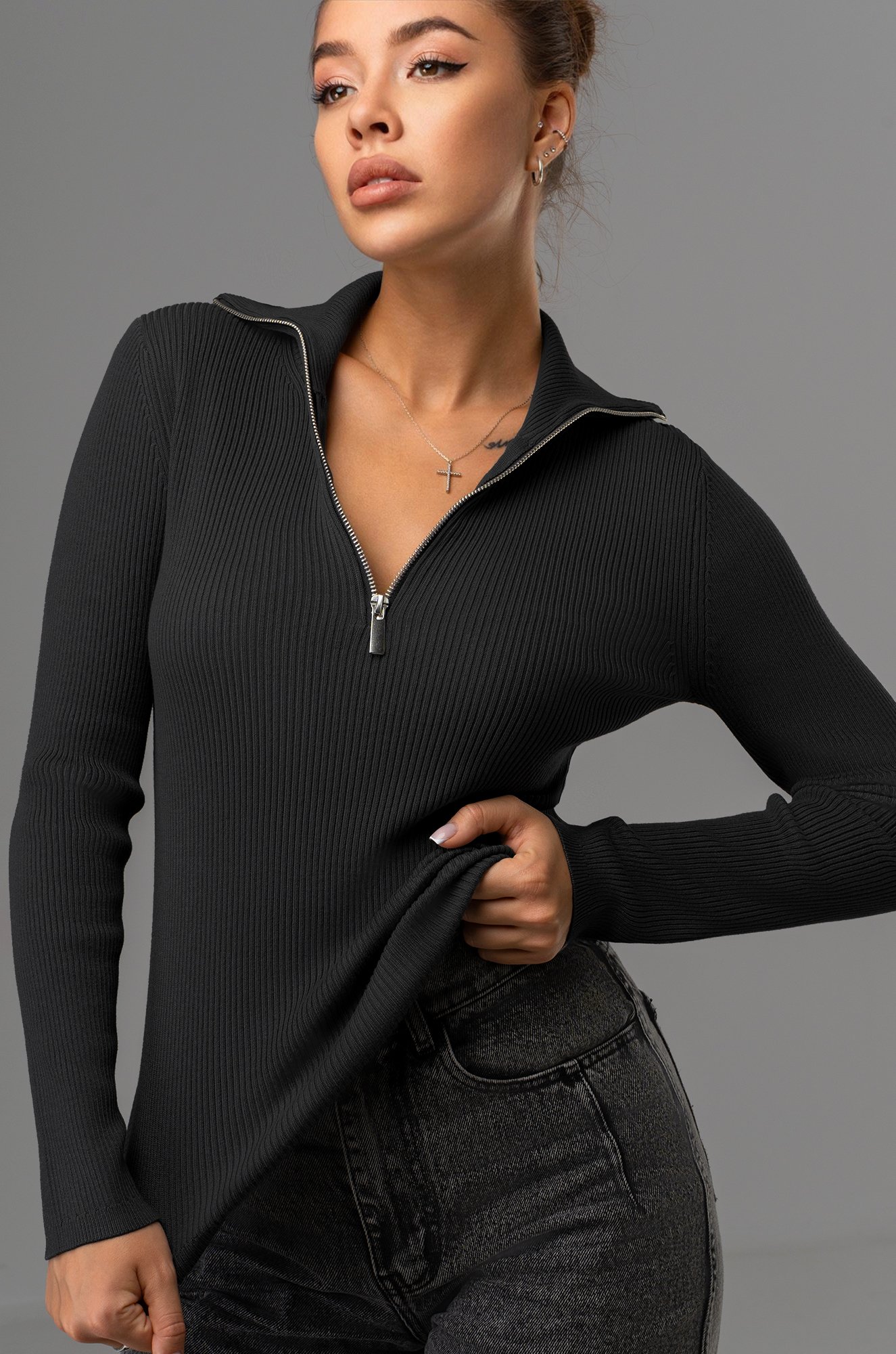 Женский джемпер в рубчик с воротником на молнии Happyfox