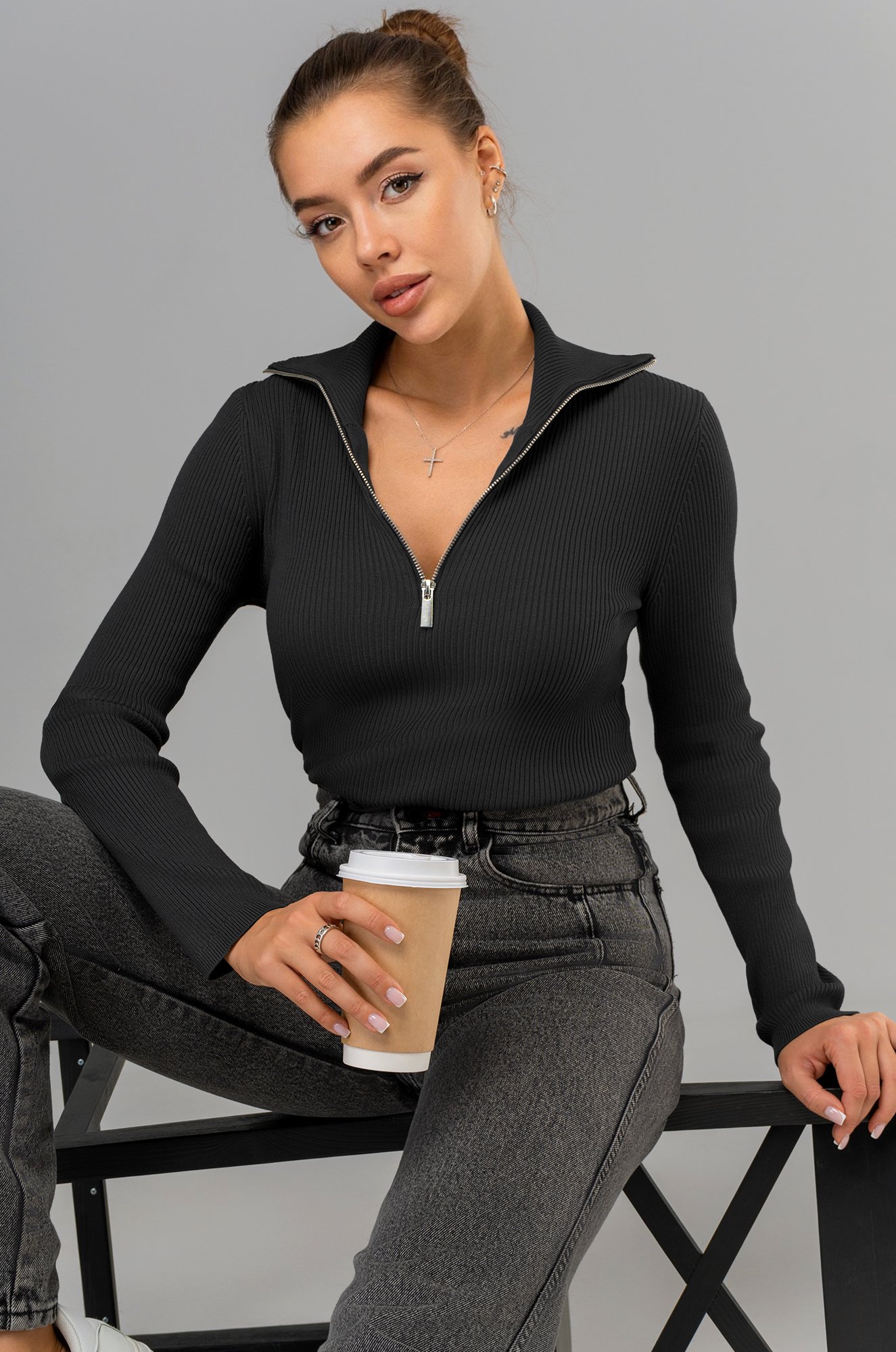 Женский джемпер в рубчик с воротником на молнии Happyfox