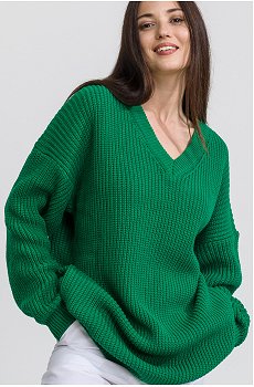 Женский удлиненный вязаный свитер оверсайз с V вырезом Happy Fox