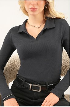 Женский лонгслив-поло в рубчик Happyfox