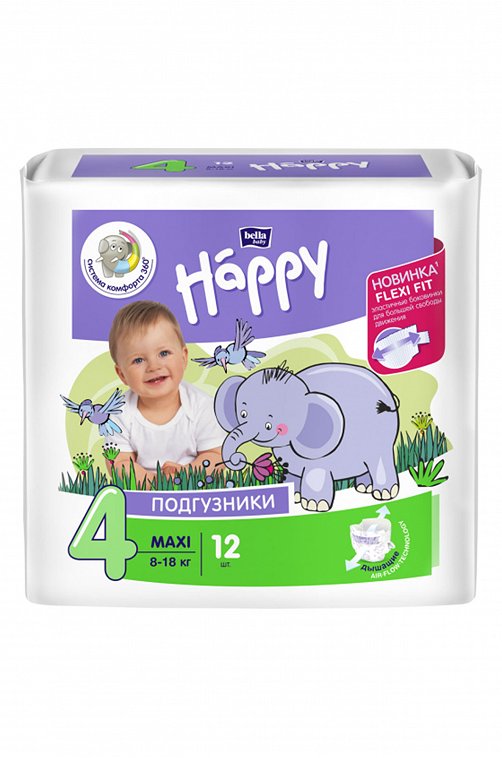 Подгузники для детей Maxi вес 8-18 кг 12 шт Bella Baby Happy