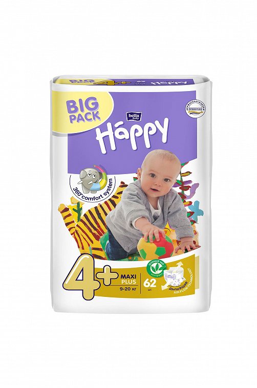 Подгузники для детей Maxi plus вес 9-20 кг 62 шт Bella Baby Happy