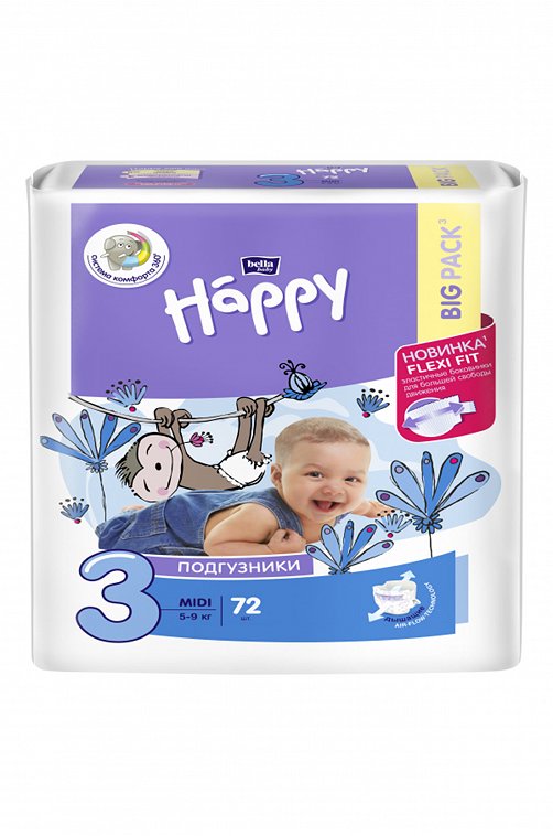 Подгузники для детей Midi вес 5-9 кг 72 шт Bella Baby Happy