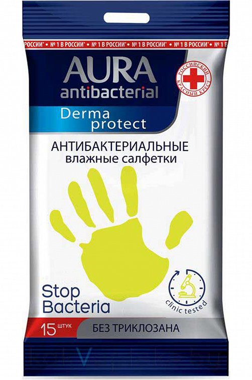 Салфетки влажные антибактериальные Derma Protect Ромашка 15 шт AURA