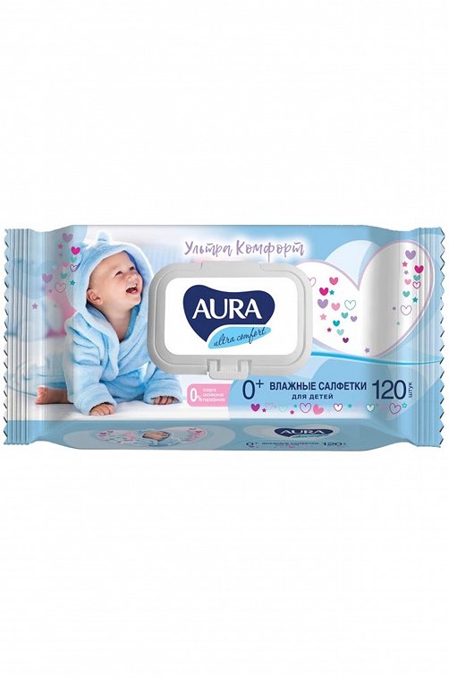 Cалфетки влажные для детей AURA Ultra Comfort с экстрактом алоэ и витамином Е с крышкой 120 шт AURA