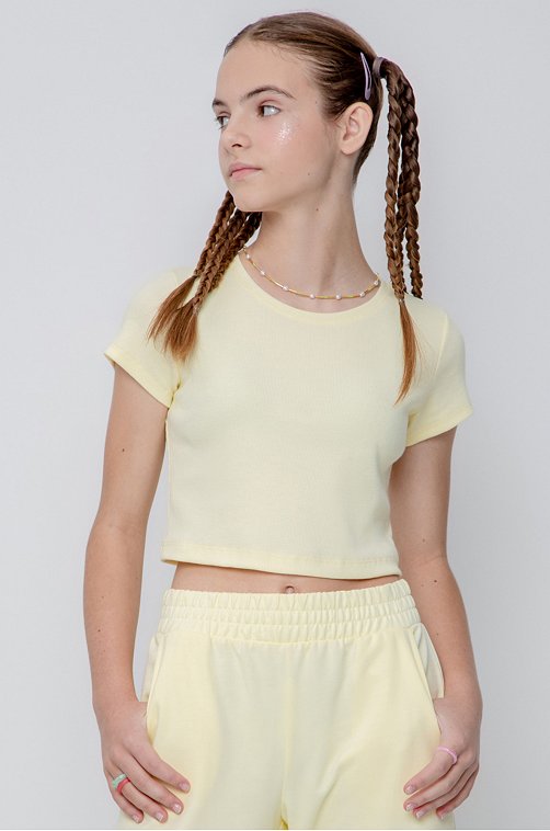 Укороченная футболка в рубчик из кашкорсе для девочки Cubby