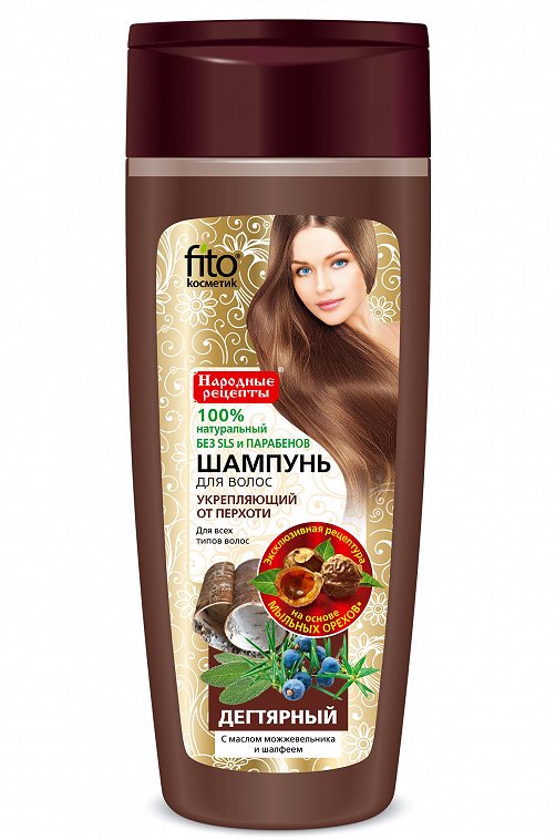 Шампунь Народные рецепты дегтярный для всех типов волос  с маслом можжевельника и шалфеем 270 мл Fito косметик