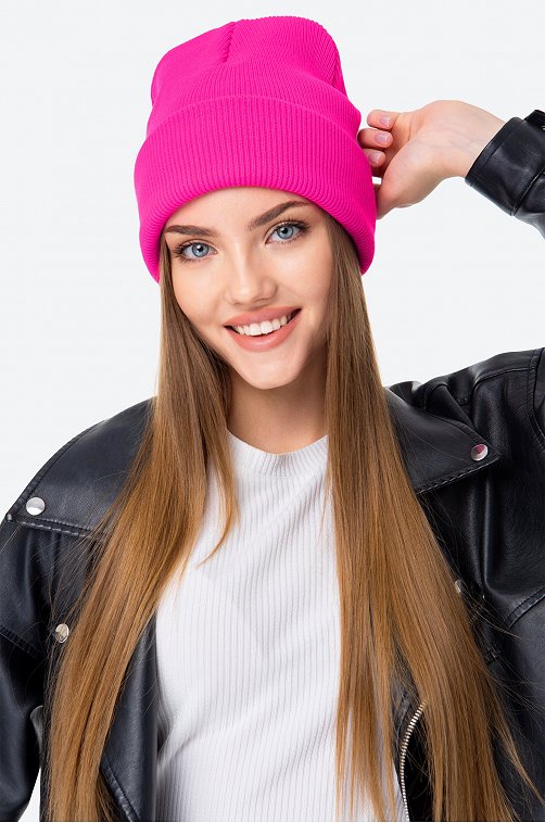 Женская вязаная шапка в рубчик с отворотом Happyfox