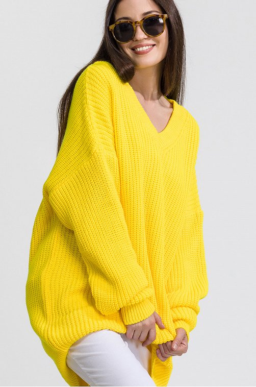 Женский удлиненный вязаный свитер оверсайз с V вырезом Happy Fox 6689756желтый купить оптом в HappyWear.ru