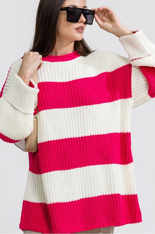 Женский удлиненный вязаный свитер оверсайз в полоску Happy Fox 6689555 розовый купить оптом в HappyWear.ru