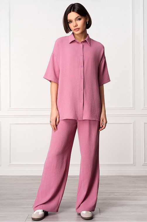 Женский летний костюм оверсайз из ткани-жатка Happyfox