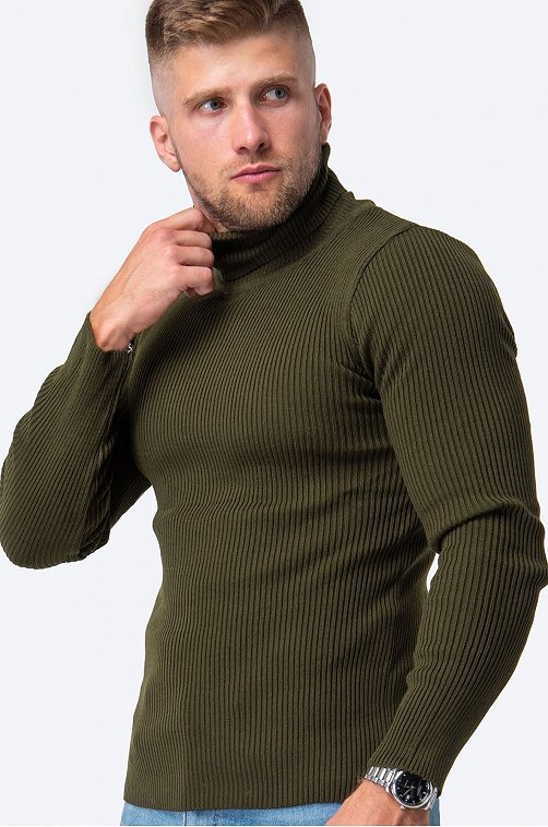 Мужской свитер в рубчик с высоким воротом Happy Fox 6690565 зеленый купитьоптом в HappyWear.ru