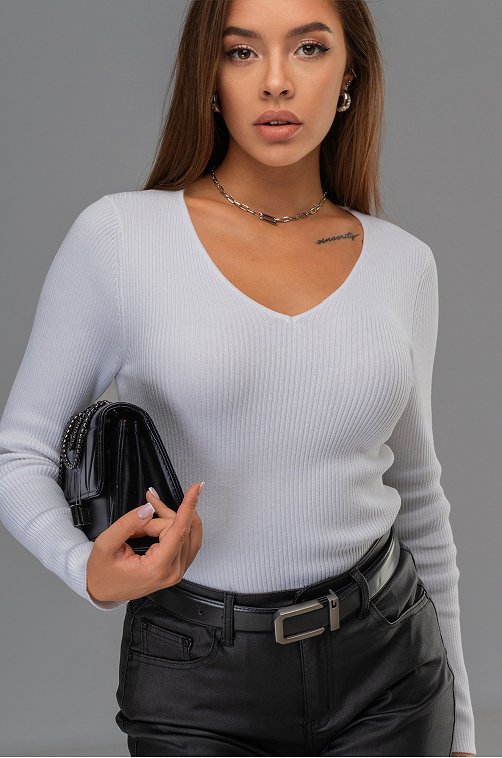 Женский джемпер в рубчик с V-вырезом Happyfox