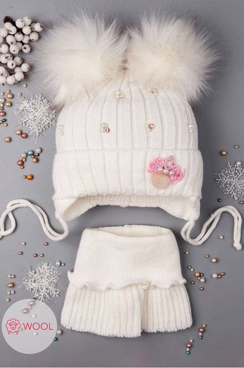 Комплект шапка со снудом для девочки Русбубон 6613623 белый купить оптом в HappyWear.ru