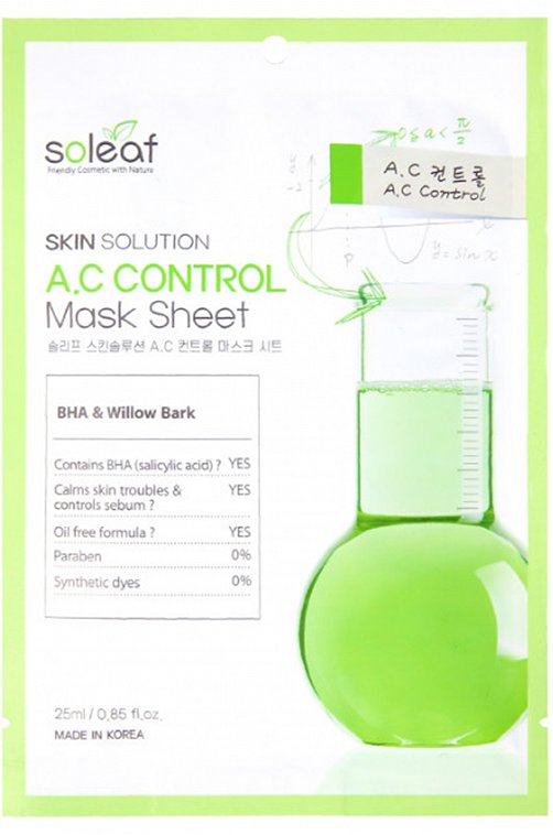 Маска тканевая для проблемной кожи с черной ивой Skin Solution A.C Control Mask Sheet 25 мл SOLEAF