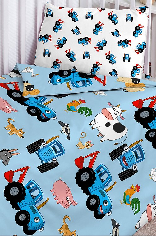 Детское постельное белье из поплина, ясельный, наволочки 40x60 Синий трактор