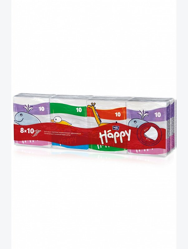 Платочки бумажные гигиенические носовые трехслойные мини 8x10 Bella Baby Happy