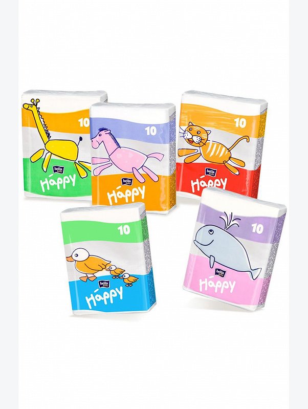 Платочки бумажные гигиенические носовые трехслойные Звери 10x8 шт Bella Baby Happy