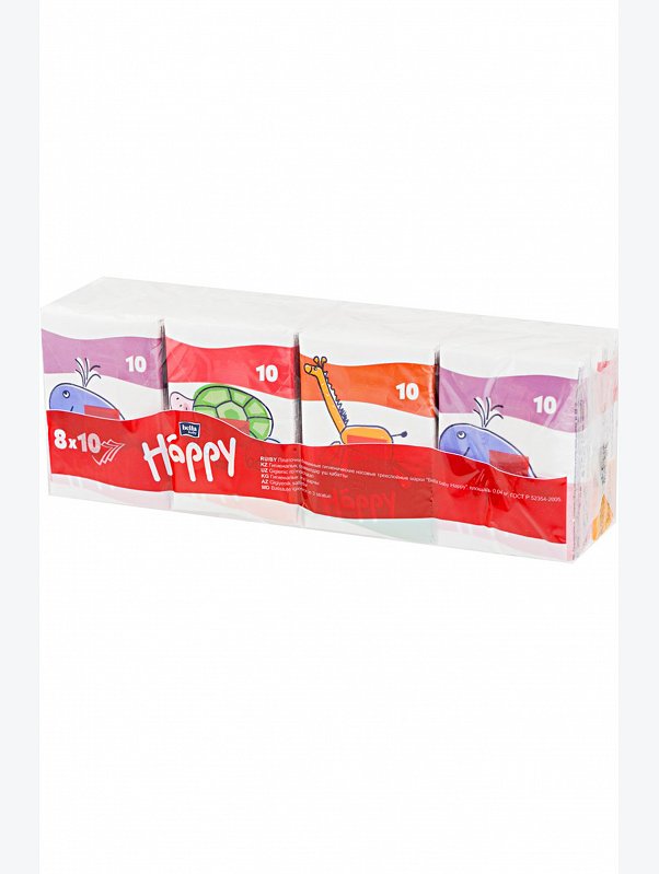 Платочки бумажные гигиенические носовые трехслойные Звери 10x8 шт Bella Baby Happy