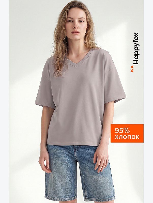 Женская футболка оверсайз с V-вырезом Happyfox
