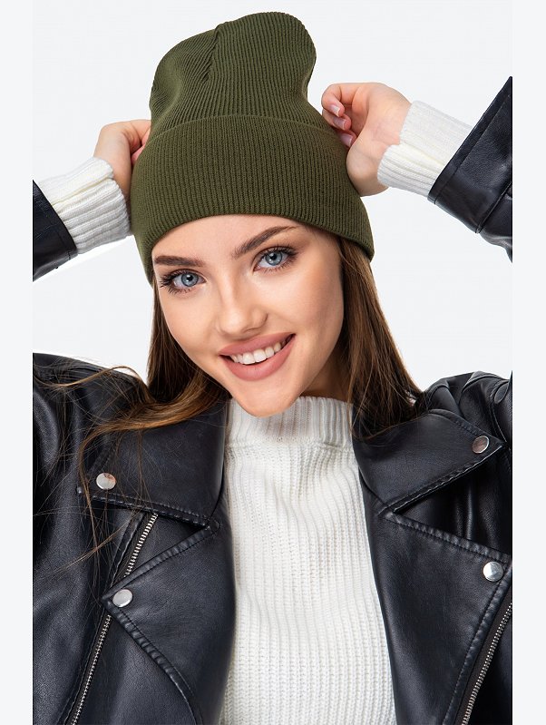 Вязаная шапка в рубчик с отворотом Happyfox