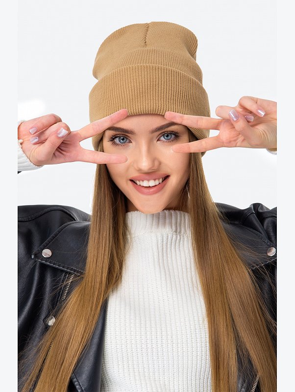 Вязаная шапка в рубчик с отворотом Happyfox